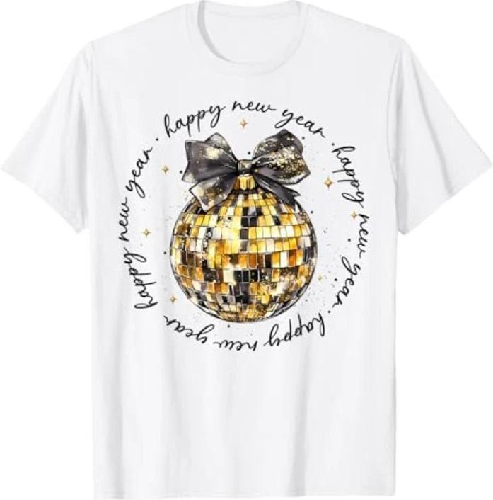 Happy New Year 2026 Gold Coquette Bow Disco Ball Countdown T-Shirt