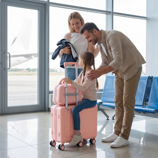 Small Suitcase for Kids 20 Inch Ride-On Luggage with Carry-On Suitcase, 6 Spinner Wheels & Non Slip Telescopic Handle Retractable Handle, Hardshell