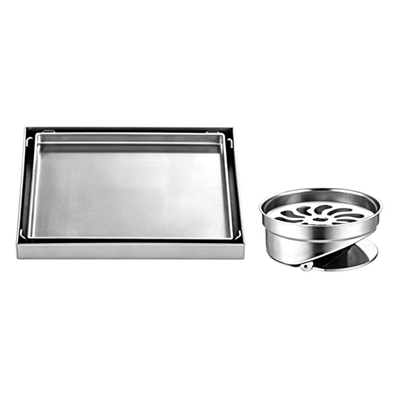 Square Floor Drain Cover 304 Steel Bathroom Shower Panel with Lift-Out Insert for Tile Floor and Wall Line Use