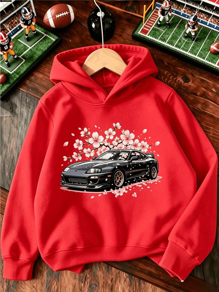 A loose, comfortable children's hooded pullover featuring a sports car and cherry blossom print—suitable for spring and autumn.