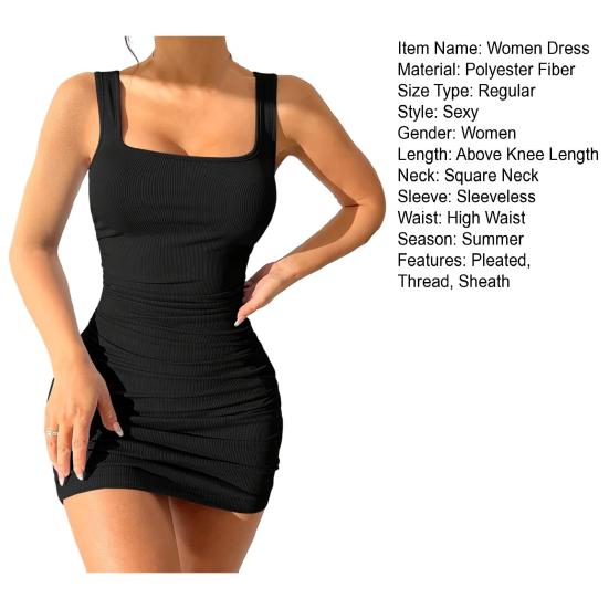 Женское мини-платье, плиссированное, без рукавов, облегающее платье-футляр, квадратный вырез, нить, однотонный эластичный жилет, платье для клубных пляжных вечеринок
