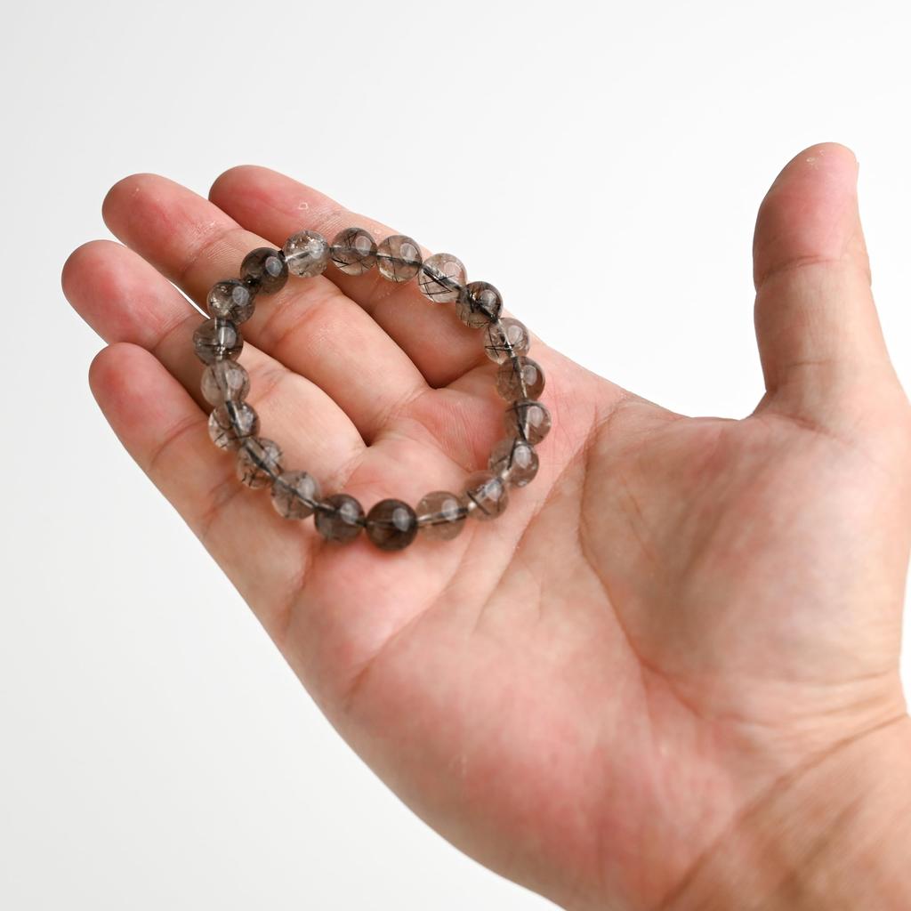 Черный Дымчатый Кварц с Рутилом Браслет Турмалин на запястье 16 см Лимитированный Натуральная Сила Молитва Удача Фэн-шуй [Eigado] (Черный кварц), Камень 9,5 мм,