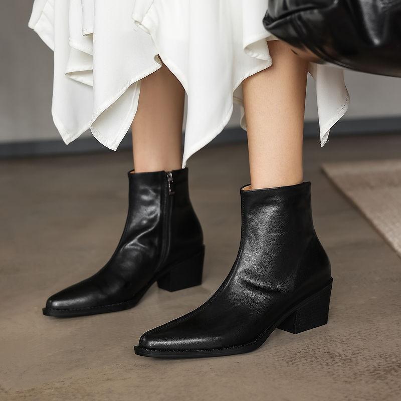 5.5CM Pointed Toe Chunky Heel Ankle Boots Women Fall Winter Fashion Simple Style Side Zip Dress