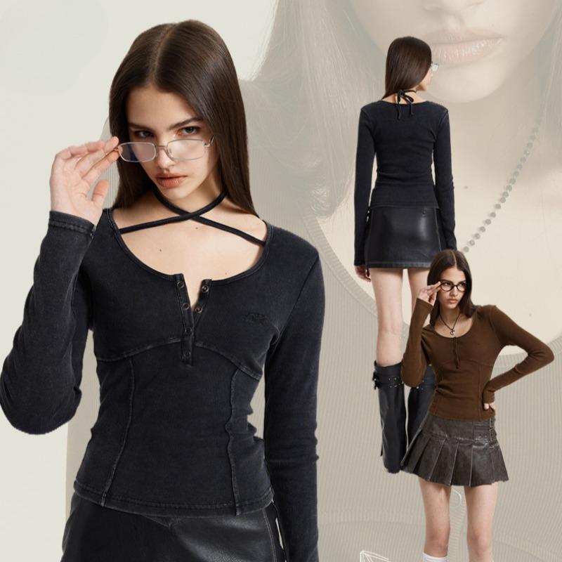 Весенняя женская футболка Spice Girl Style, однотонная, с вышивкой на бретелях, с длинным рукавом и глубоким вырезом