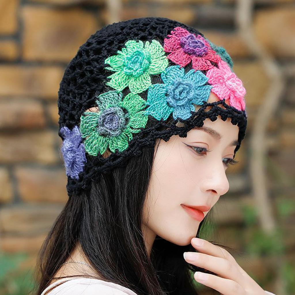 Cotton Crochet Beanie Hat With HollowOut Flower Design Summer Vacation Casual Skull Cap For Women Everyday Wear