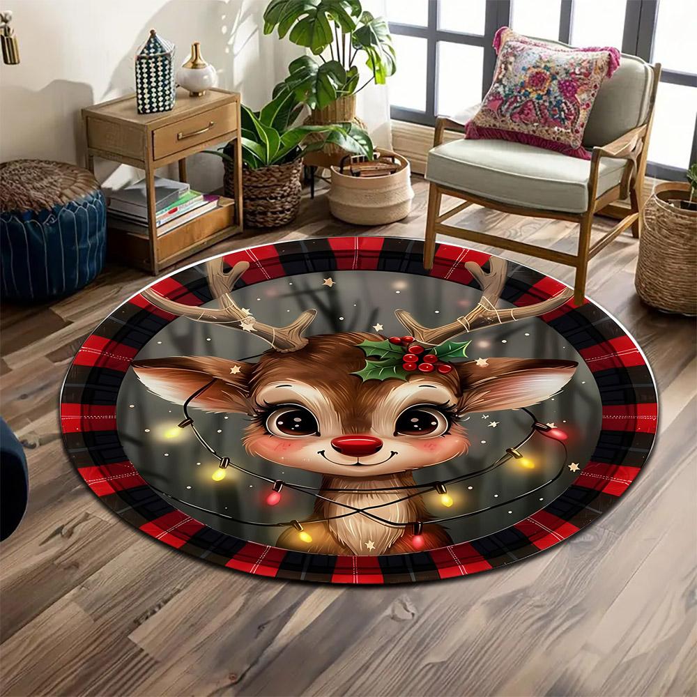 Cute Reindeer with Festive Lights Print round rug, living room, bedroom, playroom carpet, non slip floor mat, gift