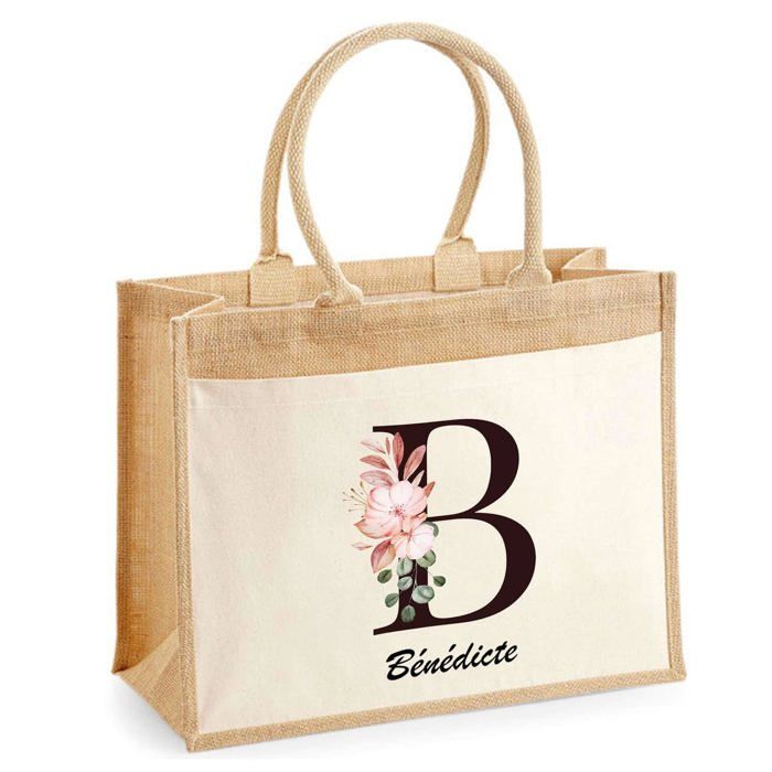 Sac de plage - PLANETEE - Jute avec poche Bénédicte Lettre Fleur - Coton - 43x33 cm - Imprimé en France
