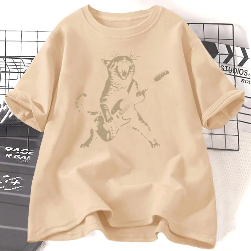 Рок-кот, играющий на гитаре, футболка женская мужская забавная футболка с котом-гитаристом повседневная футболка с коротким рукавом и круглым вырезом унисекс уличная одежда