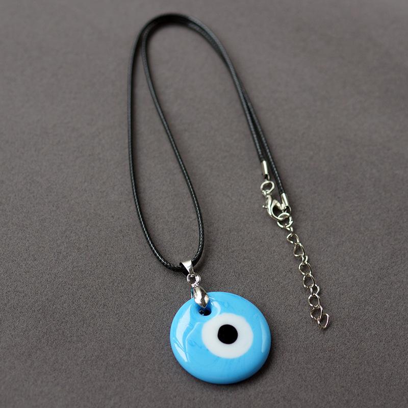 Retro Jewelry Round Shape Devil'S Eye Necklace Lucky Blue Eye Glass Pendant Necklace Accessories Simplicity Wax Thread Necklace Gift For Girls