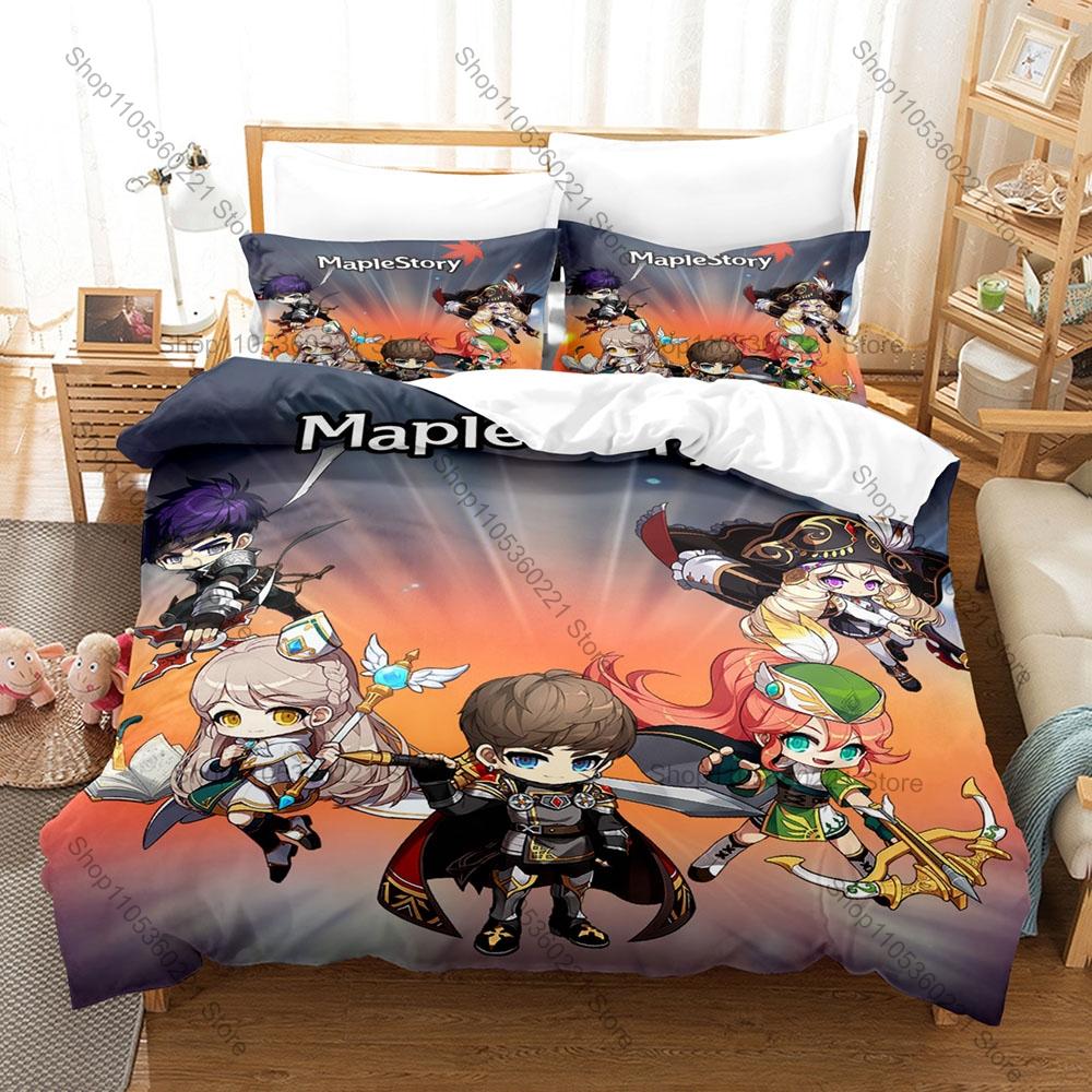 MapleStory 3Pcs Bedding Set Duvet Cover 2 Pillowcases Adele Mercedes Chibi Warrior Cartoon Graphic Breathable Dorm Bed Linen
