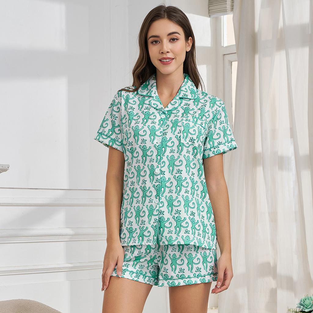 Summer Women Short Sleeve Top and Shorts 2 Piece Set Pajamas Female Fashion Sleepwear Cartoon Print Cardigan Pyamas Set Homewear