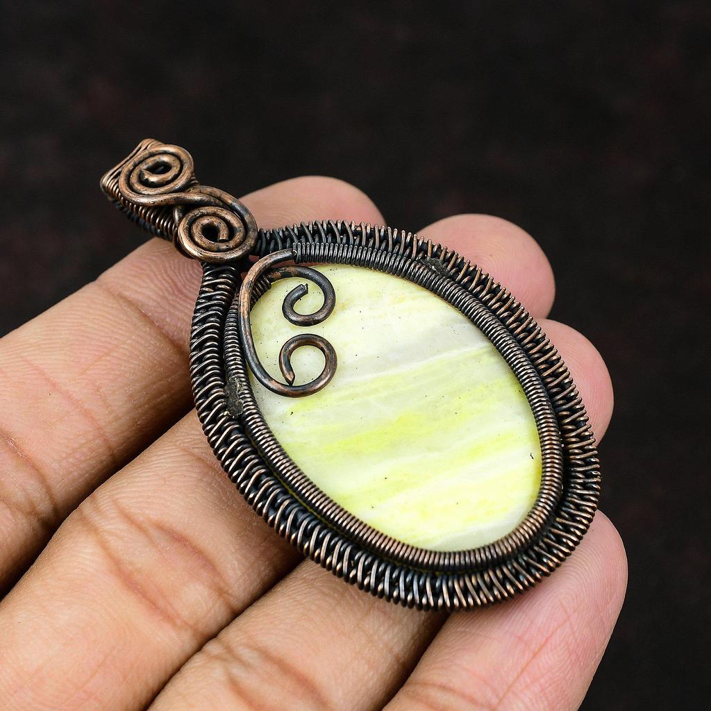 Кулон из желтого арагонита, обернутый медной проволокой, Дизайнерское украшение, Кулон ручной работы, Кулон с драгоценным камнем, Подарок для него