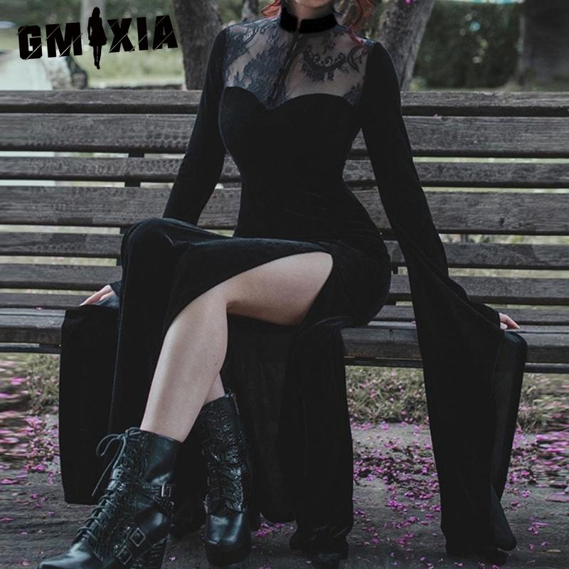 GMXIA Костюм на Хеллоуин Ведьма Сексуальное Длинное Платье С Разрезом Кружева Ажурное Расклешенное Платье Рукава Женское