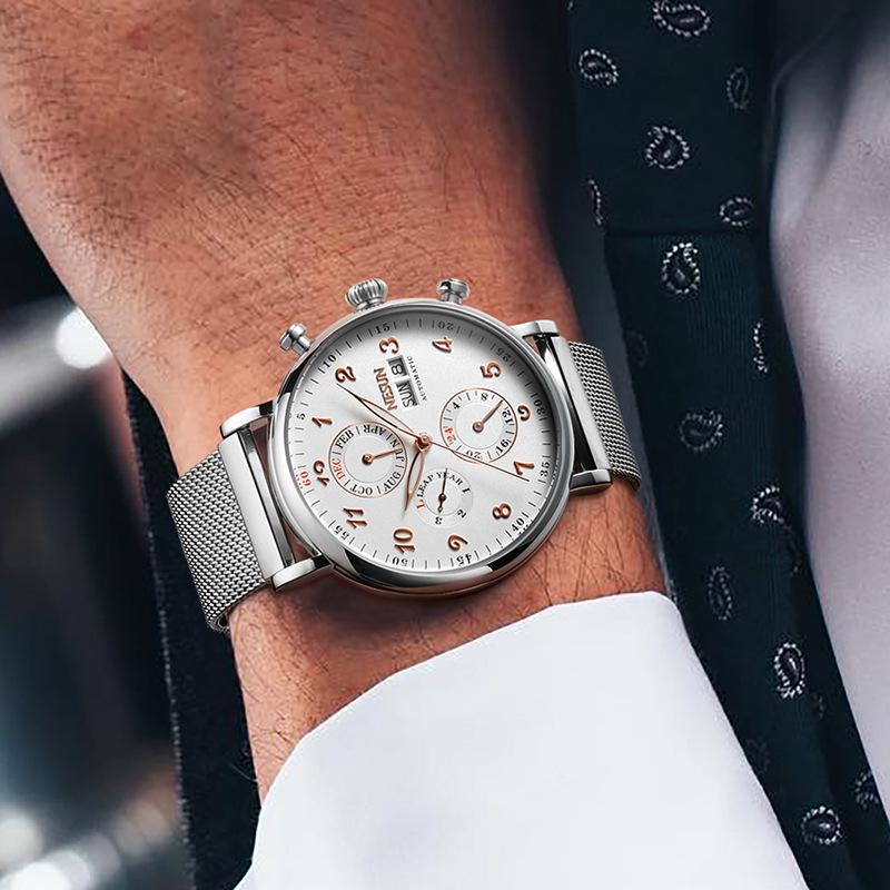 Мужские автоматические механические часы NESUN, многофункциональные водонепроницаемые наручные часы из кожи и стали 9029