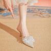 Spring and Summer New Bow Rhinestone Pointed Half Slippers Femininity Wear Sandals Stiletto High Heels