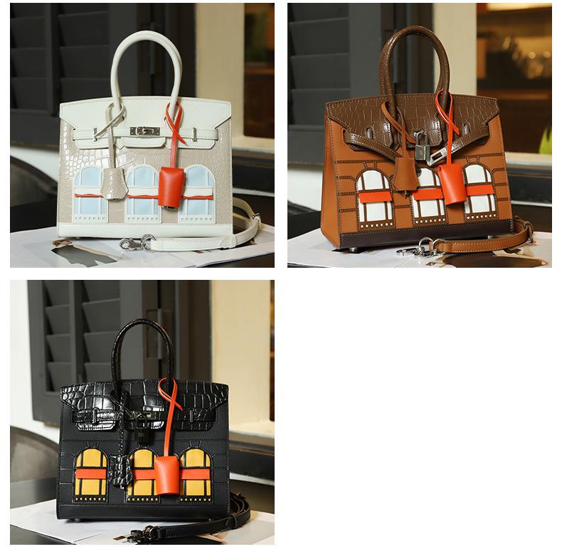 Cowhide Crocodile Contrast Color Platinum Shoulder Handbag - Genuine Leather Women's High-End Messenger Bag