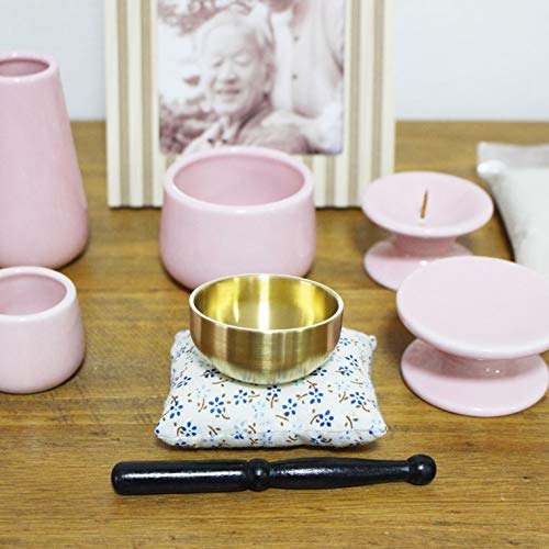 Mini 7-Piece Buddhist Altar Set: Orin (Buddhist Bell), Incense Burner, Incense Ash, Candle Holder, Vase, Teacup, and Offering Stand (Pink)