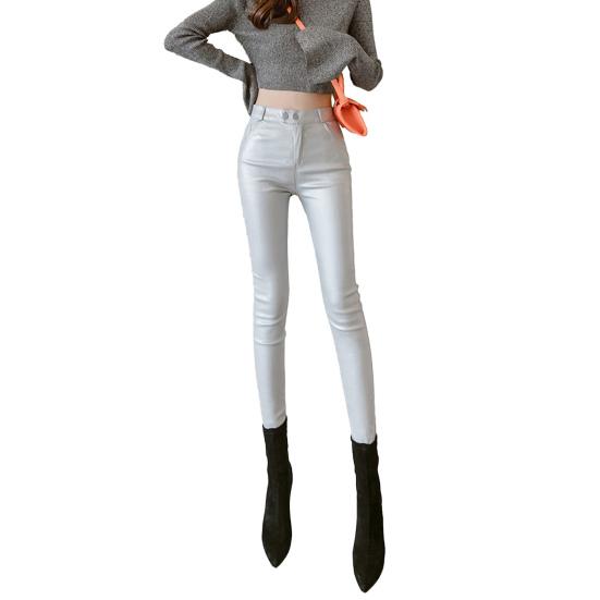 Artificial Leather Leggings High Waist Button Closure Matte Elastic Pencil Pants with Pockets Solid