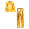 Girls Dance Party Outfit Metallic Shiny Long Sleeve Round Neck T Shirt with Performance Pants Set
