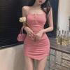 Women's Pink Spaghetti Strap Ruched Bodycon Dress - Sexy, Irregular Chic Waist-Cinched Summer Style