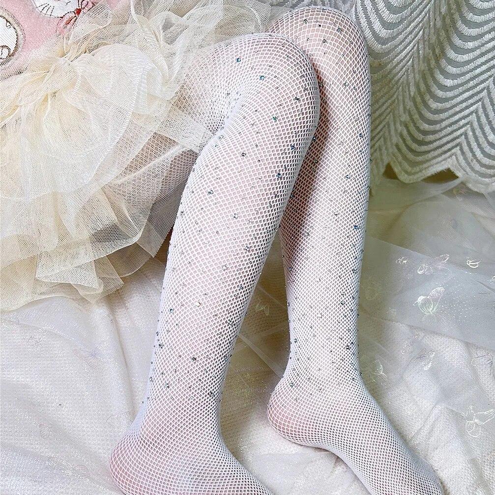 Белые, черные колготки со стразами, детские сетчатые колготки для маленьких девочек, модные ажурные чулки, полые кружевные носки