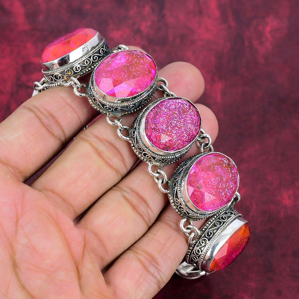 Pink Triplet Opal Gemstone Jewelry, Handmade 925 Solid Sterling Silver Jewelry, Unique Bracelet & Necklace Jewelry Set For Women