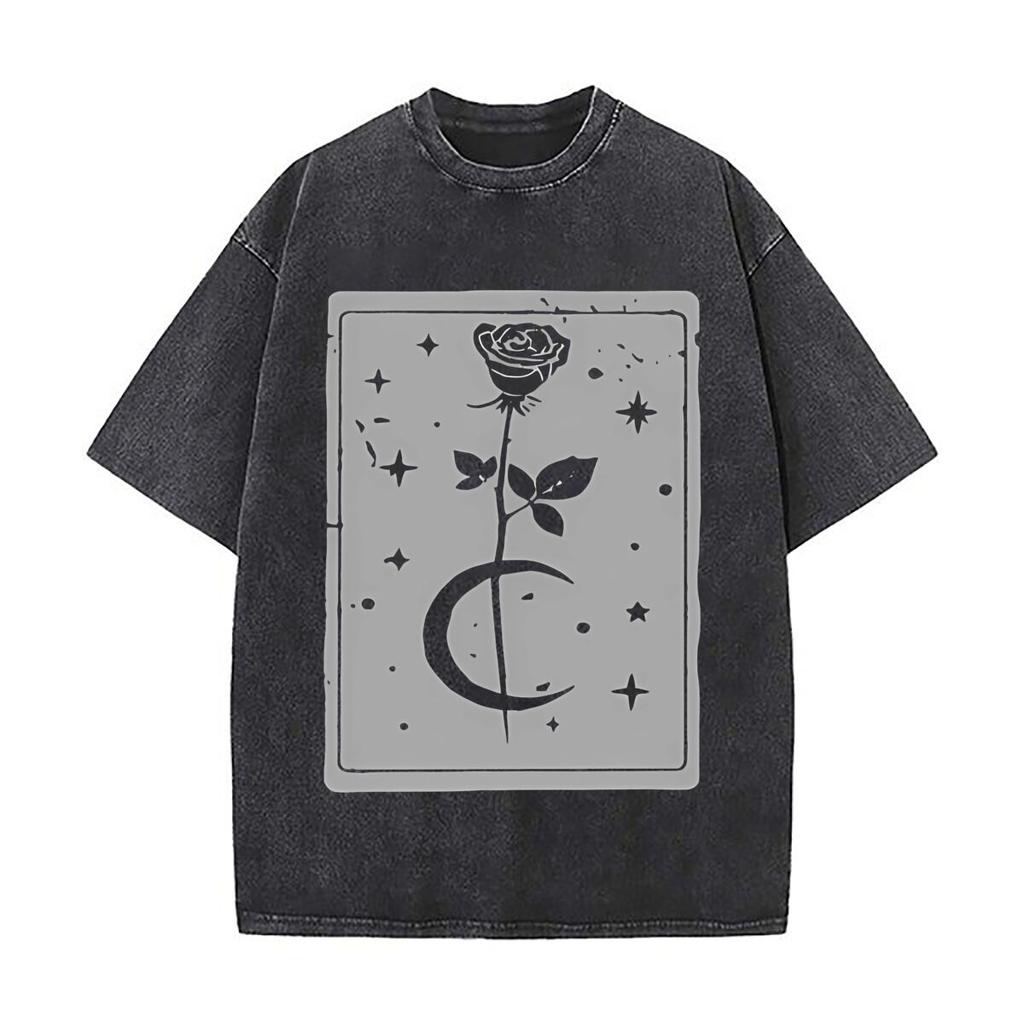 Rose Moon Mystical Symbol Art Daily Commute Vintage Distressed T Shirt Loose Washed Sleeve