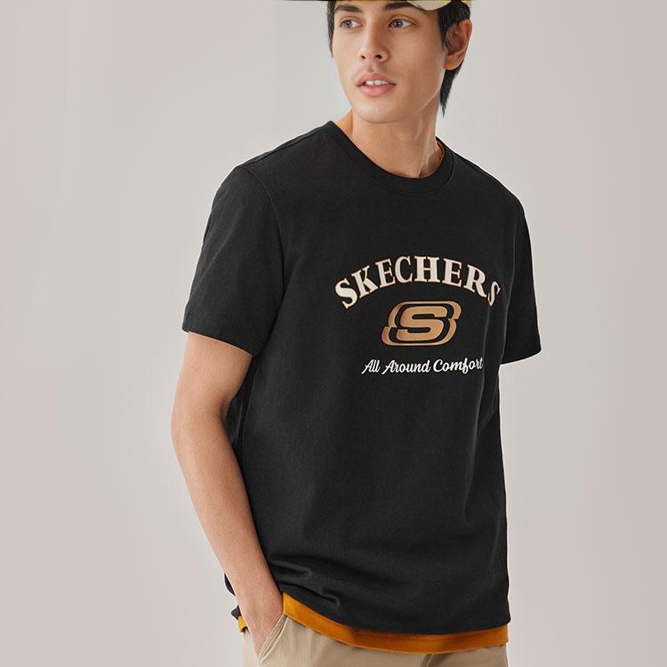 Skechers SS25 Простая Повседневная Удобная Спортивная Футболка с Круглым Вырезом Унисекс Топы Угольно-Черный L225U122-0018