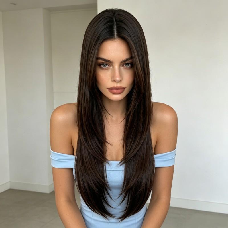 Womens Matte Silk Wig Middle Part Long Bangs Layered Straight Hair Rose Net