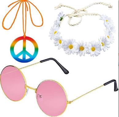 Hippie Costume Set 60's Style Circle Glasses Peace Sign Necklace Daisy Sunflower Headbands Dressing Accessory Hippie Party
