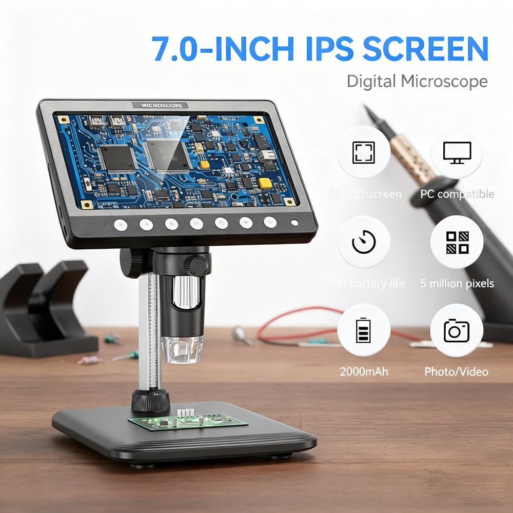 7-дюймовый ЖК-микроскоп для монет 50X-1200X Увеличительное стекло 5MP HD Цифровой микроскоп 8 светодиодных ламп Ремонт электроники Пайка Устройство для просмотра на ПК