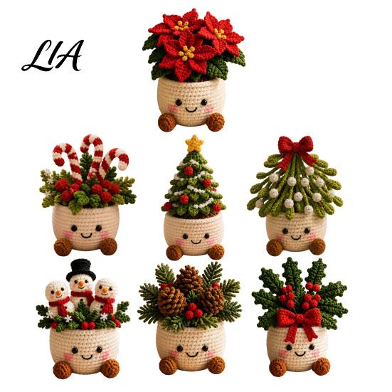 Cute Christmas Soft Decorations Simulated Crochet Potted Decor, Knitted Mini Artificial Tree Flower Themed Room Accents Ornament, Festive Tabletop