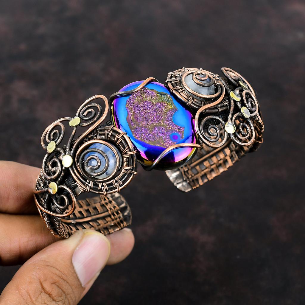 Титановый браслет-друзи, браслет-манжета из медной проволоки, браслет-манжета с радужным лунным камнем, драгоценный камень, медные украшения, регулируемый браслет ручной работы для подарков