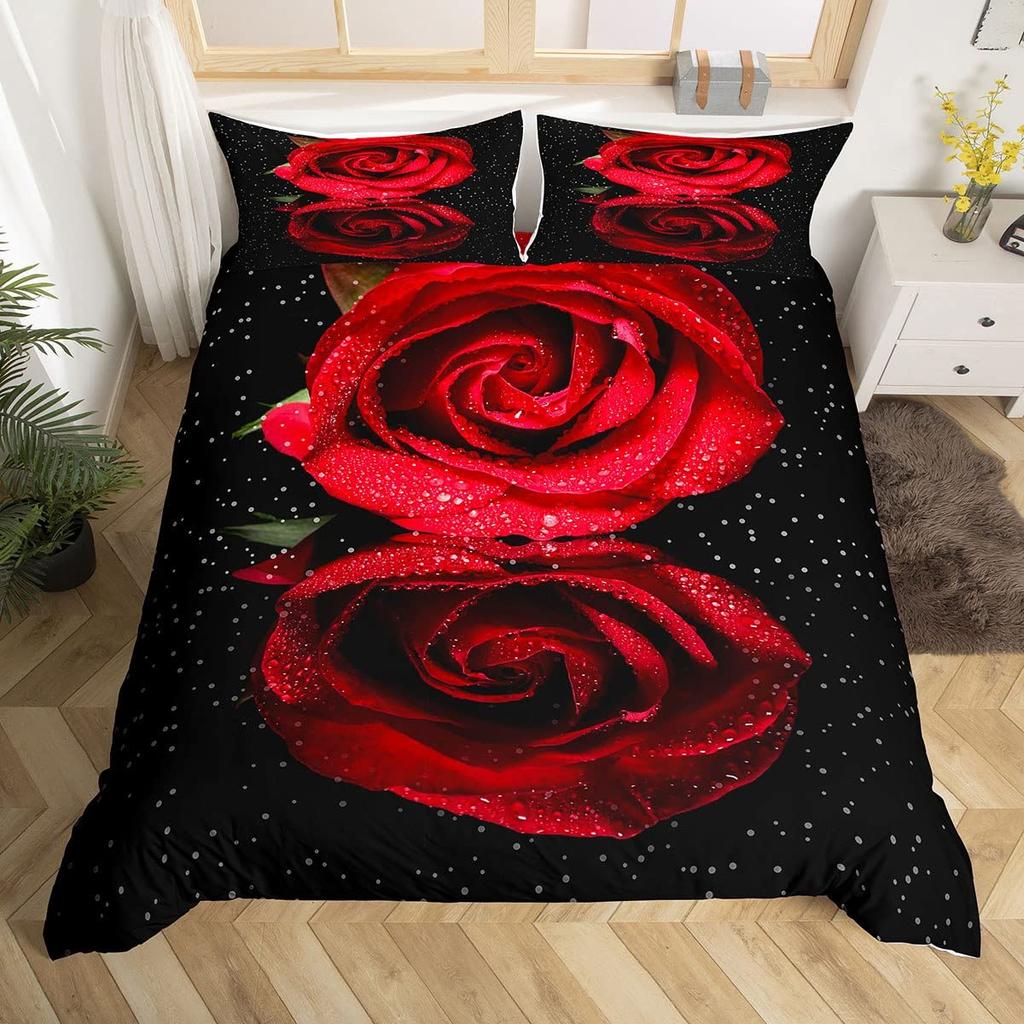 Valentine's Day Rose King Queen Duvet Cover Red White Floral Bedding Set Romantic Flowers Quilt Cover Polyester Comforter Cover