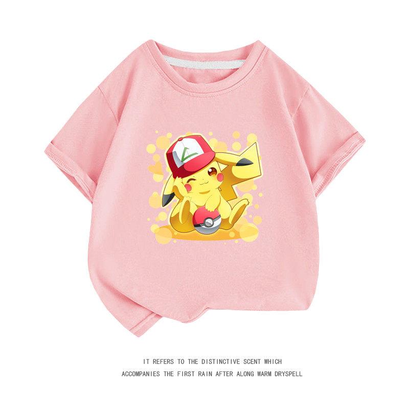Summer new PokémonPikachu shortsleeved Tshirt for boys and girls middlesized and largesized cartoon casual top trendy design
