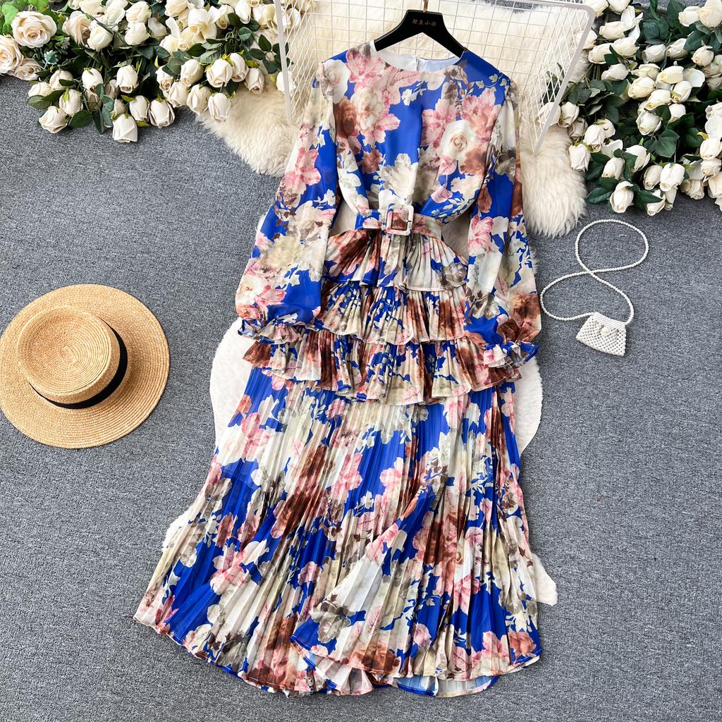 Новое осеннее элегантное женское платье с круглым вырезом и принтом в стиле пэчворк, складками и оборками, с длинными рукавами и высокой талией