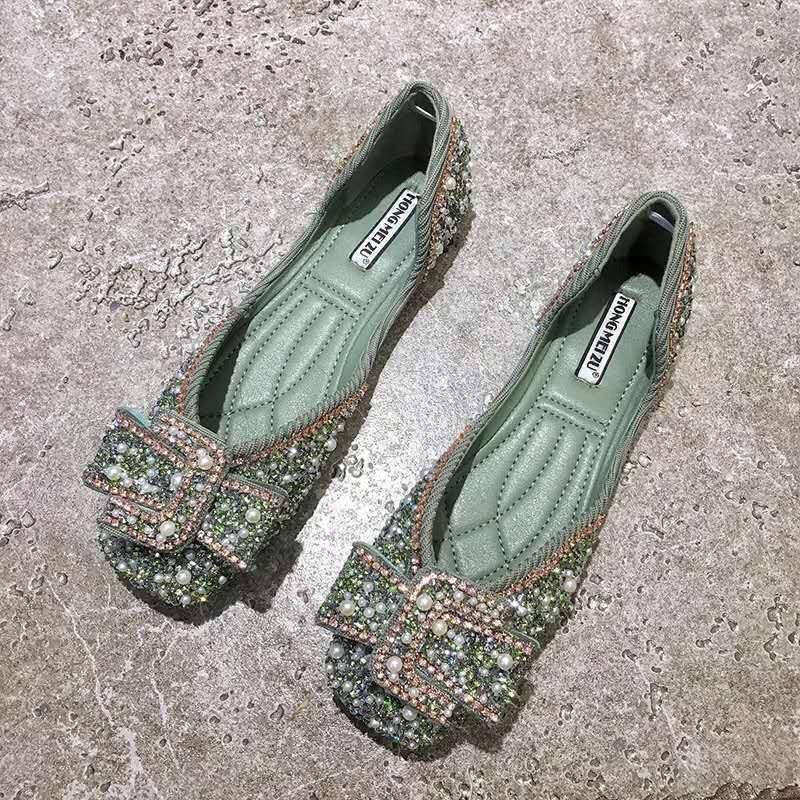 Мода 2024 года, новые женские балетки, удобные, с кристаллами и бриллиантами, с бантом, с пайетками, одинарные туфли со стразами и блестками, с квадратным носком