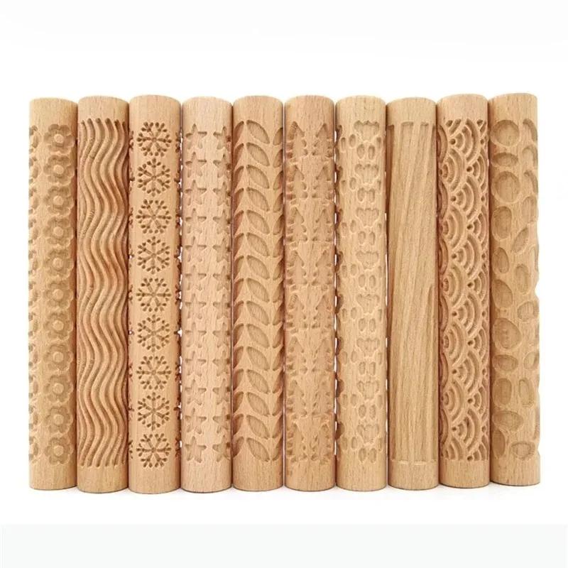 1pc Wooden Texture Rolling Pin Ceramic Pottery Art Embossed Rod Flower Pattern Mud Roll Roll Reliefs DIY Clay Craft Tool