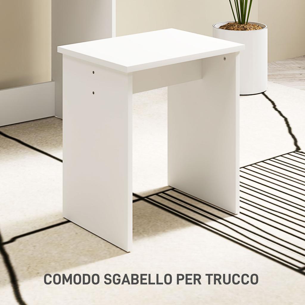 Dressing Table with 3 Shelves and Drawers, Mirror and Stool, in Particleboard, 75x40x137 cm, White