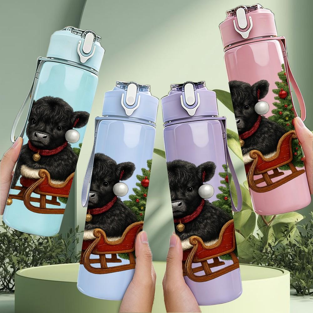1PC Bear Christmas Sleigh 750ml Color Plastic Sports Water Bottle Leakproof Flip Straw Lid Suitable for Sports Office Home Use