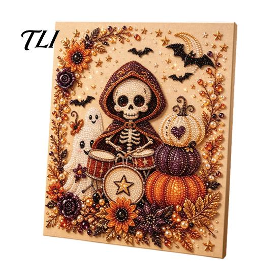 Reusable Seasonal Wall Decoration Halloween Faux Pearl Art Kit, Crow Pumpkin Painting DIY 7.87 x Stress Relief Project for Home Inch Cute