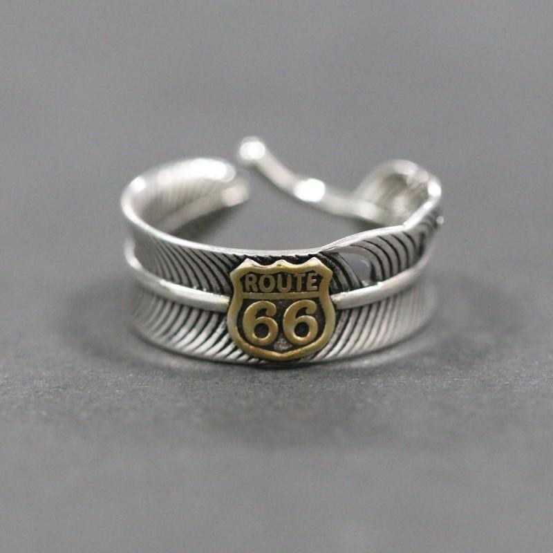 Adjustable Open Ring Men Women Vintage 66 Highway Feather Geometric Sterling Statement