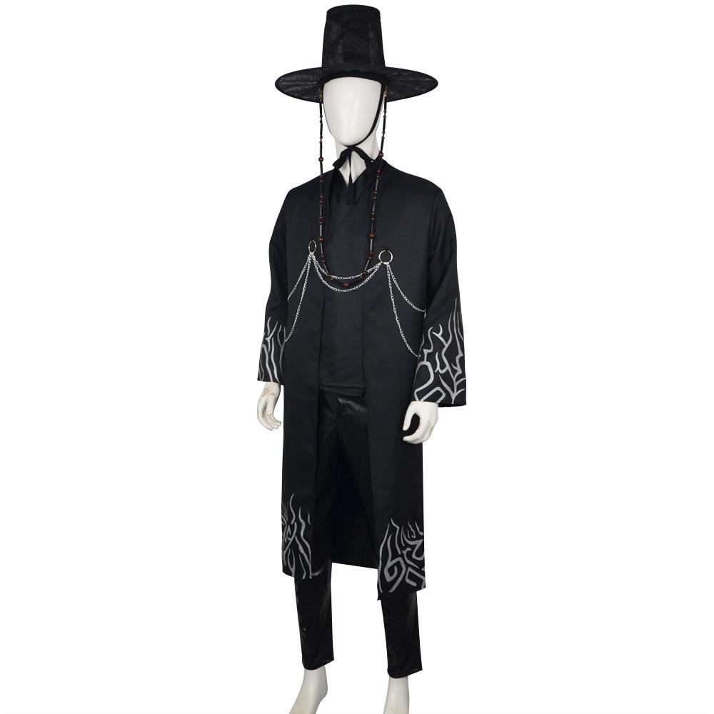 Men's Black Cosplay Costume Full Set, Vintage Style Stage Performance Outfit For Halloween Themed Party Role Play