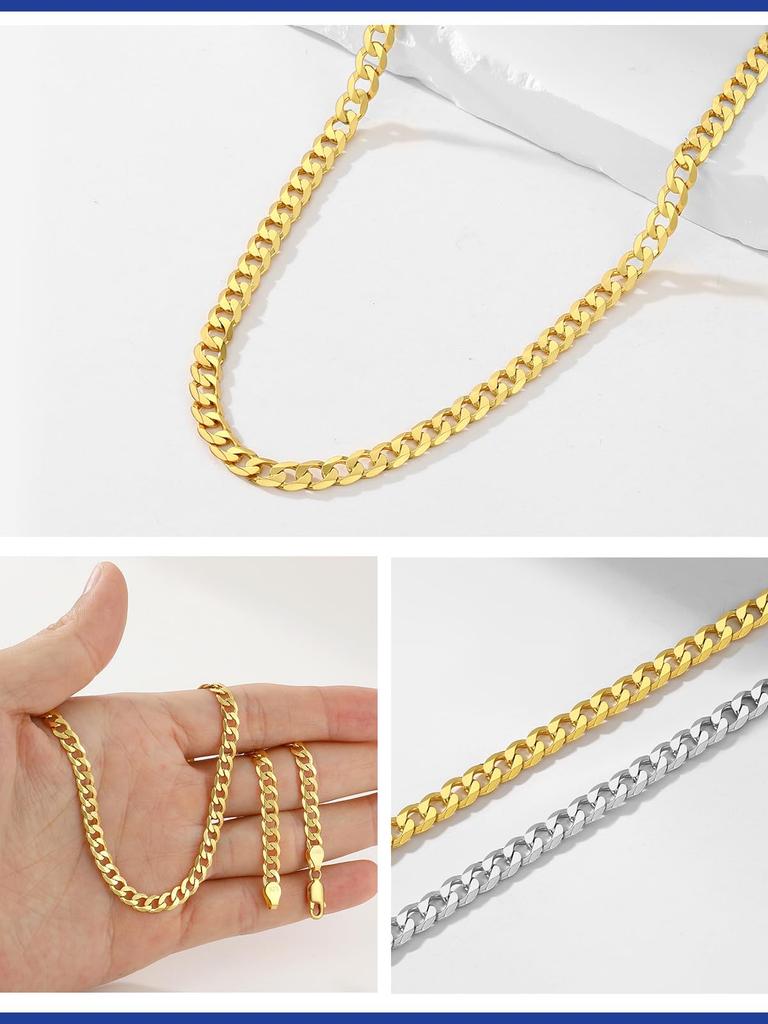 PROSTEEL Curb Chain Necklace, 18K Gold Plated and 925 Silver, Thin, Hypoallergenic, Simple, Stylish, Unisex [5mm Wide, 60cm]
