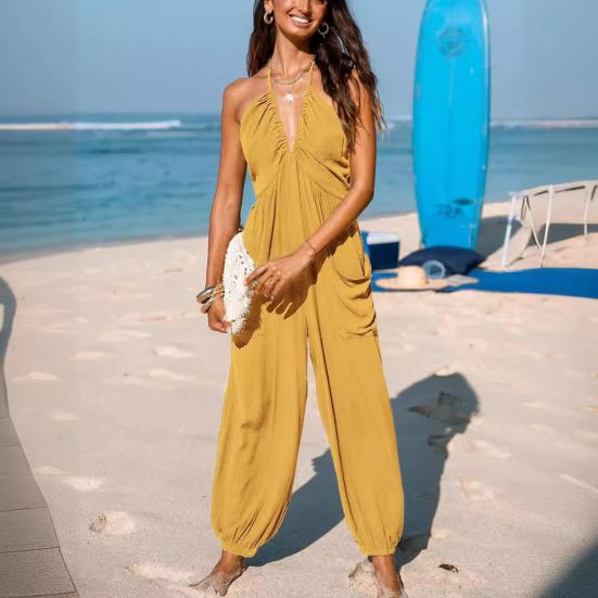 Женский комбинезон макси с плиссировкой, глубоким V-образным вырезом, цельный, длинные брюки для бега с карманами, повседневный пляжный комбинезон без рукавов