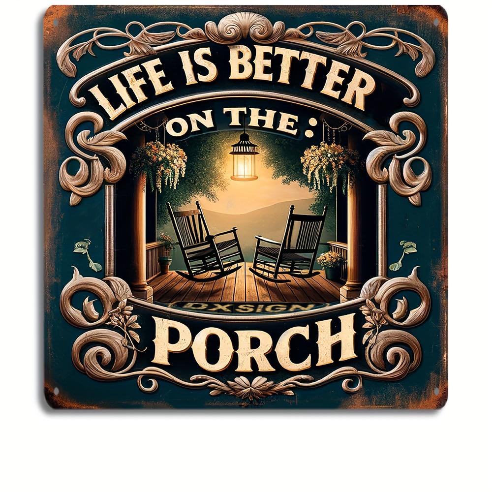 1PC Rustic Elegant Metal Tin Sign 8x8 Inches Classic Porch View Sunset and Rocking Chairs, Perfect for Home