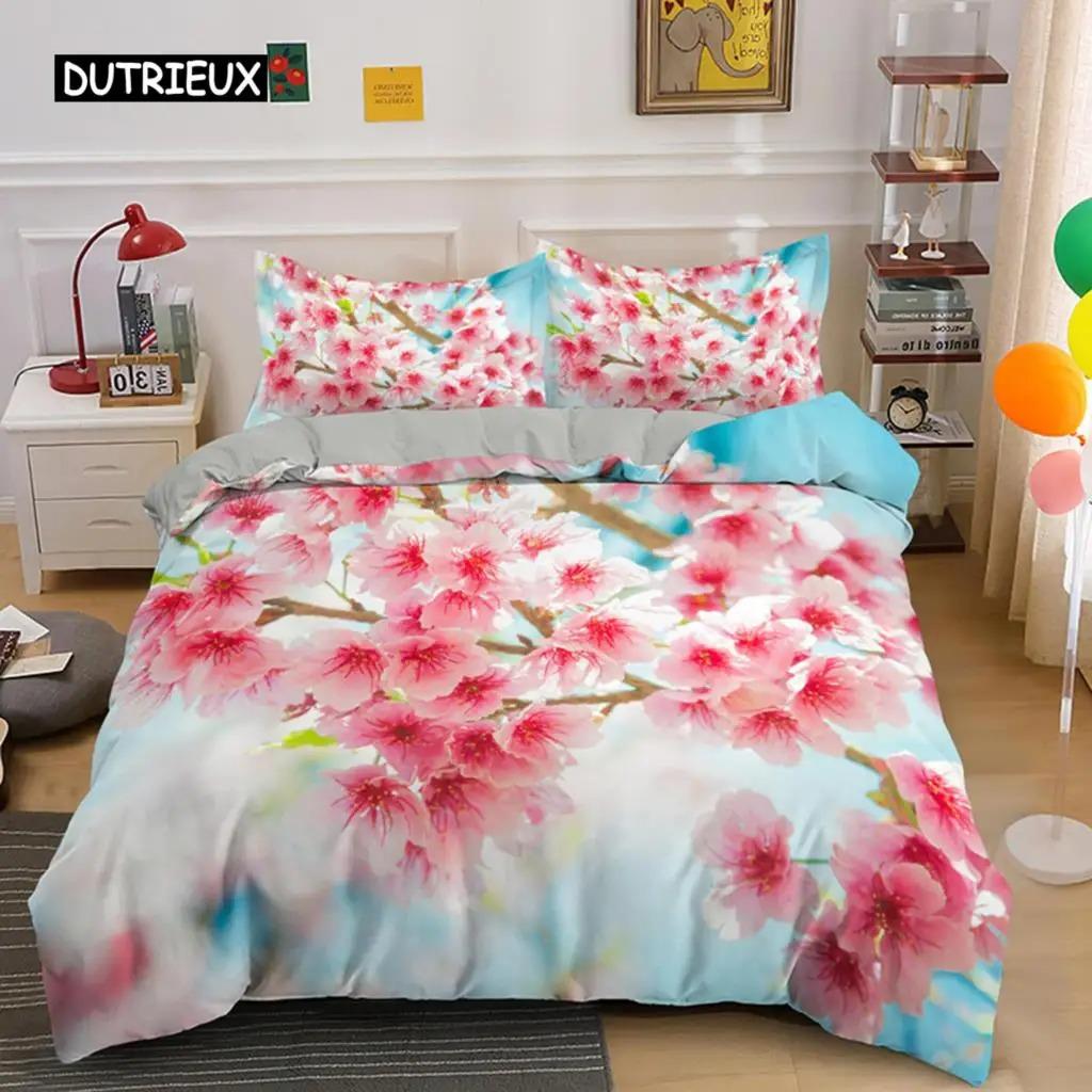 Plum Blossom Duvet Cover Collection King Pink Flower Quilt Cover For Girls Microfiber Branches Printed Bedding Collection