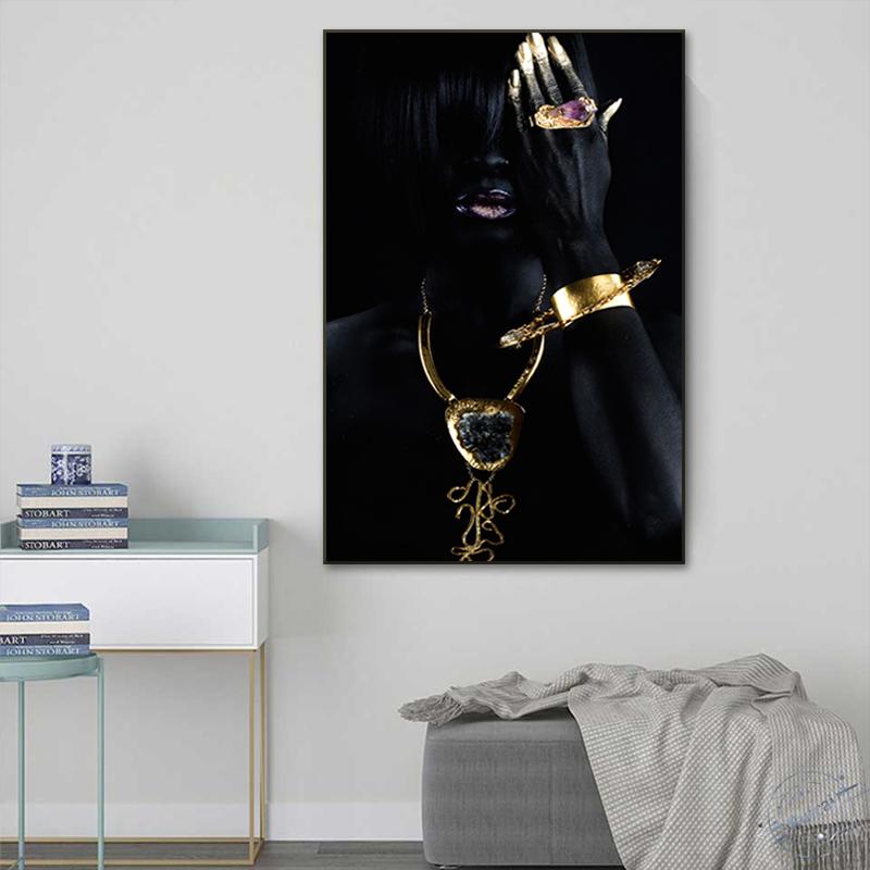Gold Necklace African Woman Canvas Painting Figure Art Posters and Prints Black Women Wall Art Pictures for Living Room Decor