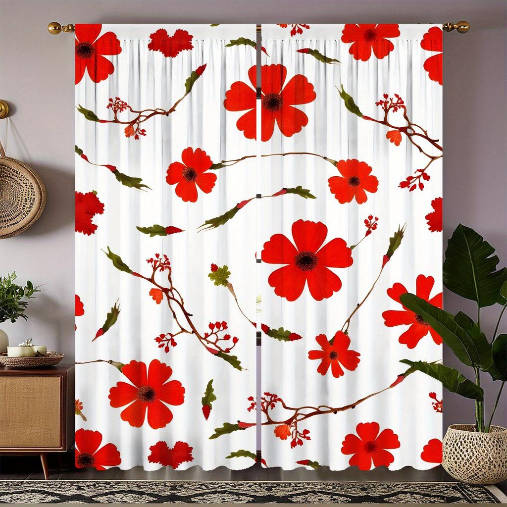 2pc Gorgeous Style Red Floral Print Curtains, Polyester Fabric, Machine Washable, Suitable for Bedroom Living Room Decoration