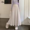 Elegant Fashion Autumn Winter Women Midi Skirt Elastic Waist Beige Grey Black Knitted Skirt Knitting Pleated Warm Skirts Womens